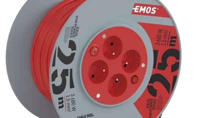 EMOS PVC kabel na bubnu s&nbsp;vypínačem – 4 zásuvky, 25m, 1,5mm2